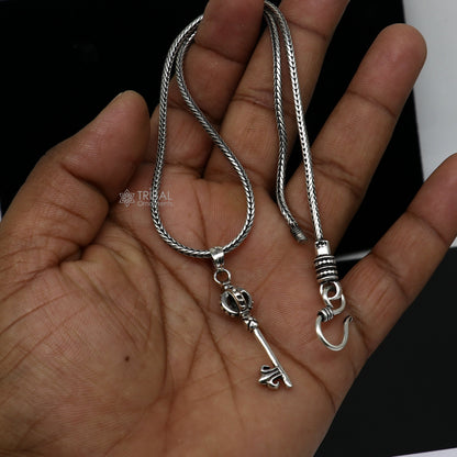 925 sterling silver good luck key pendant on wheat chain necklace, tribal ornaments jewelry, unique design, ideal for gifting