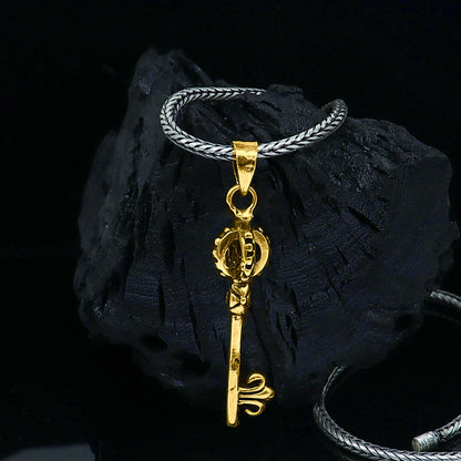 Sterling silver good luck key pendant on wheat chain necklace, tribal ornaments jewelry, elegant and unique gift accessory.