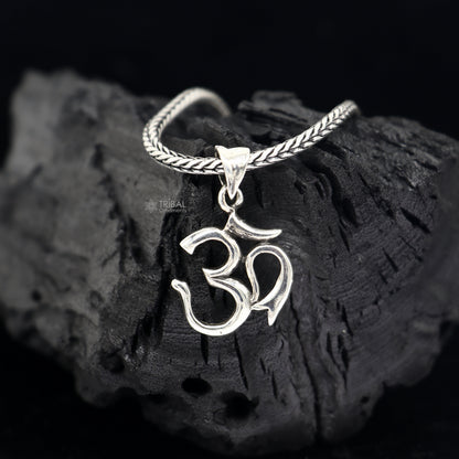 Sterling silver Hindu Aum OM pendant on wheat chain necklace, tribal design, ideal for gifting jewelry.