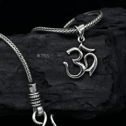 Sterling silver Hindu Aum OM pendant on wheat chain necklace, tribal ornaments design, ideal for gifting jewelry.
