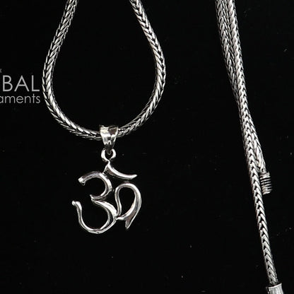 Sterling silver Hindu Aum OM pendant on wheat chain necklace, tribal ornaments design, ideal for gifting jewelry.