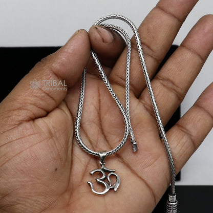 Sterling silver Hindu Aum OM pendant on wheat chain necklace, tribal design, ideal for gifting, by TRIBAL ORNAMENTS.