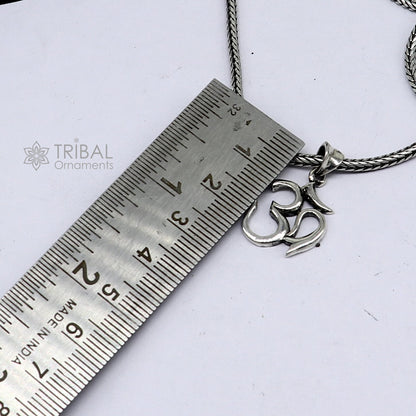 925 sterling silver Hindu Aum OM pendant with wheat chain necklace, tribal ornaments, unique Vaidik mantra jewelry.