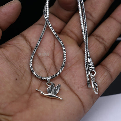 Sterling silver hummingbird pendant on wheat chain necklace, tribal ornament jewelry, elegant and unique gift idea