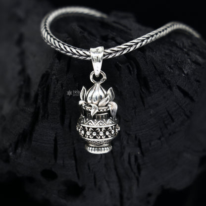 Sterling silver KALASH with coconut pendant on wheat chain necklace, tribal jewelry by TRIBAL ORNAMENTS, elegant gift-ready design.
