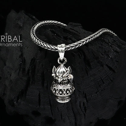 Sterling silver Kalash with coconut pendant on wheat chain necklace, tribal-designed jewelry, perfect for gifting.