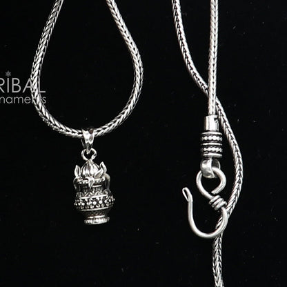 Sterling silver KALASH with coconut pendant on wheat chain necklace by TRIBAL ORNAMENTS, featuring a unique tribal design.