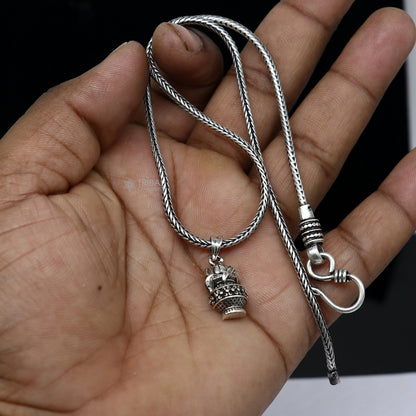 Sterling silver KALASH with coconut pendant on wheat chain necklace, tribal ornaments jewelry, elegant traditional design.