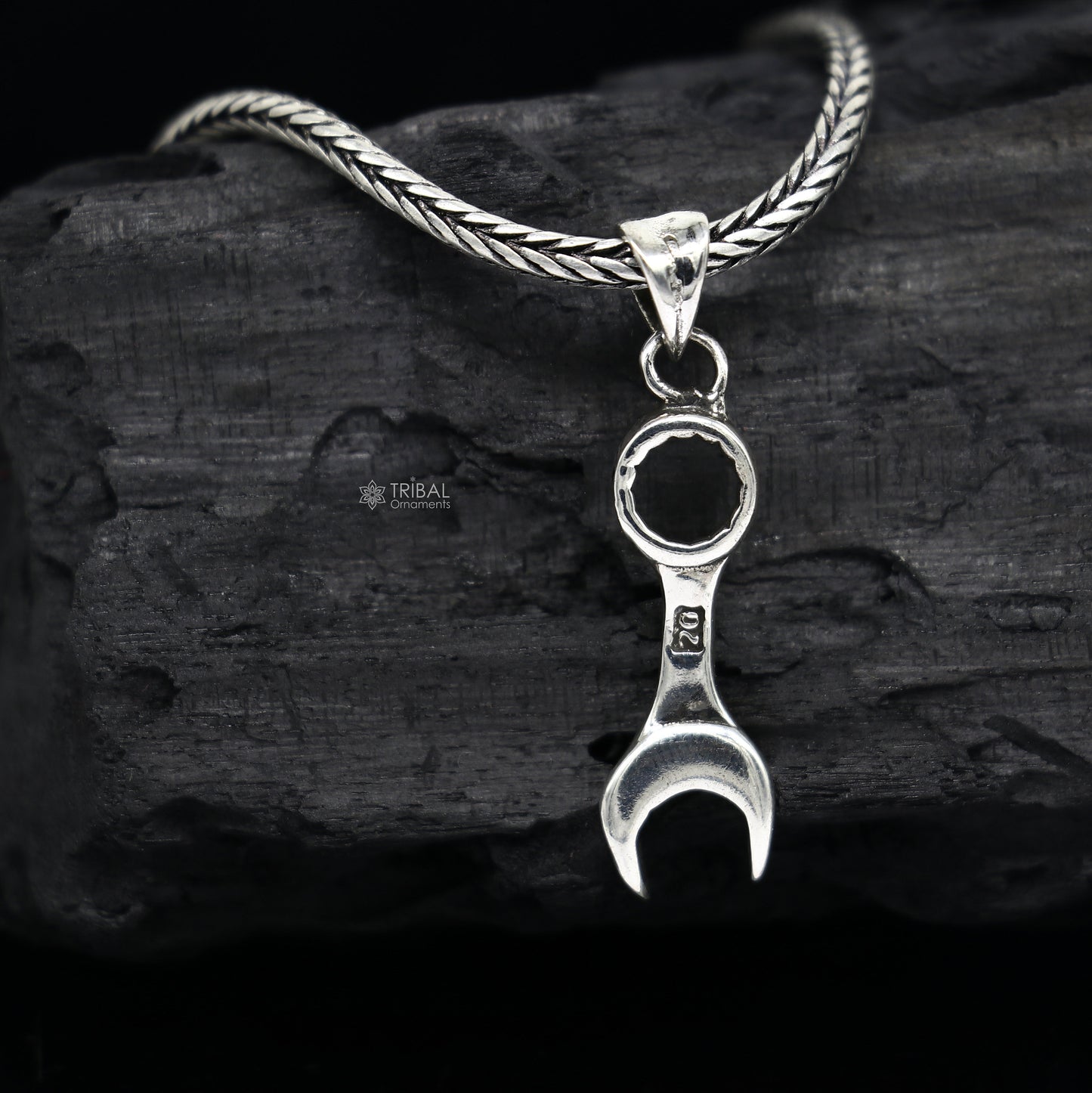 925 sterling silver spanner pendant with wheat chain necklace, tribal-inspired jewelry design, ideal for gifting.