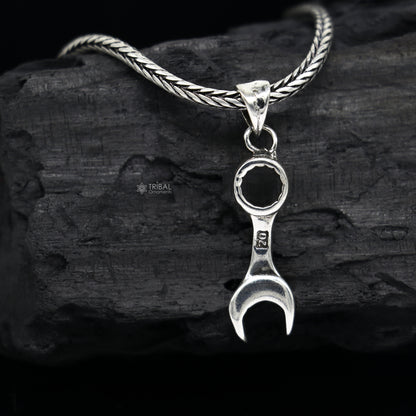 925 sterling silver spanner pendant with wheat chain necklace, tribal-inspired jewelry design, ideal for gifting.