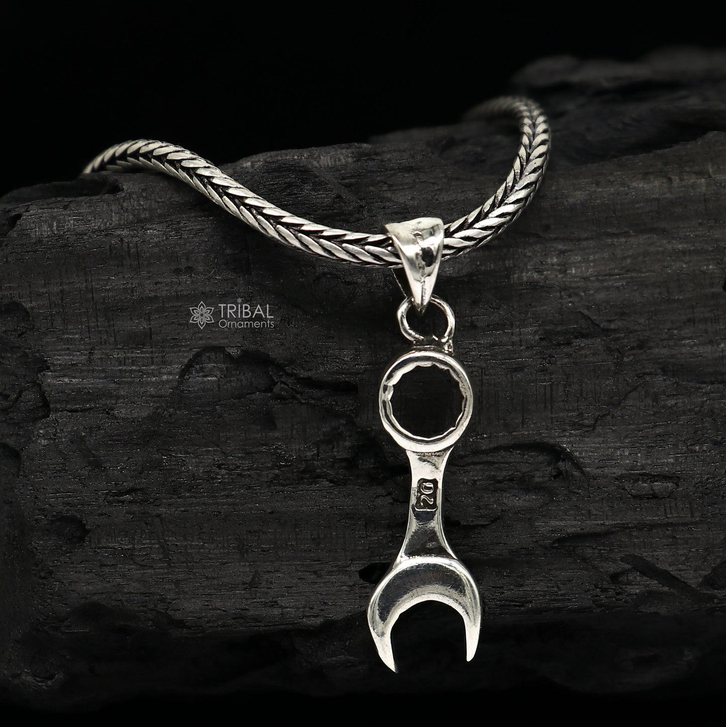 925 sterling silver spanner pendant on wheat chain necklace, tribal design, unique jewelry piece for gifting by TRIBAL ORNAMENTS