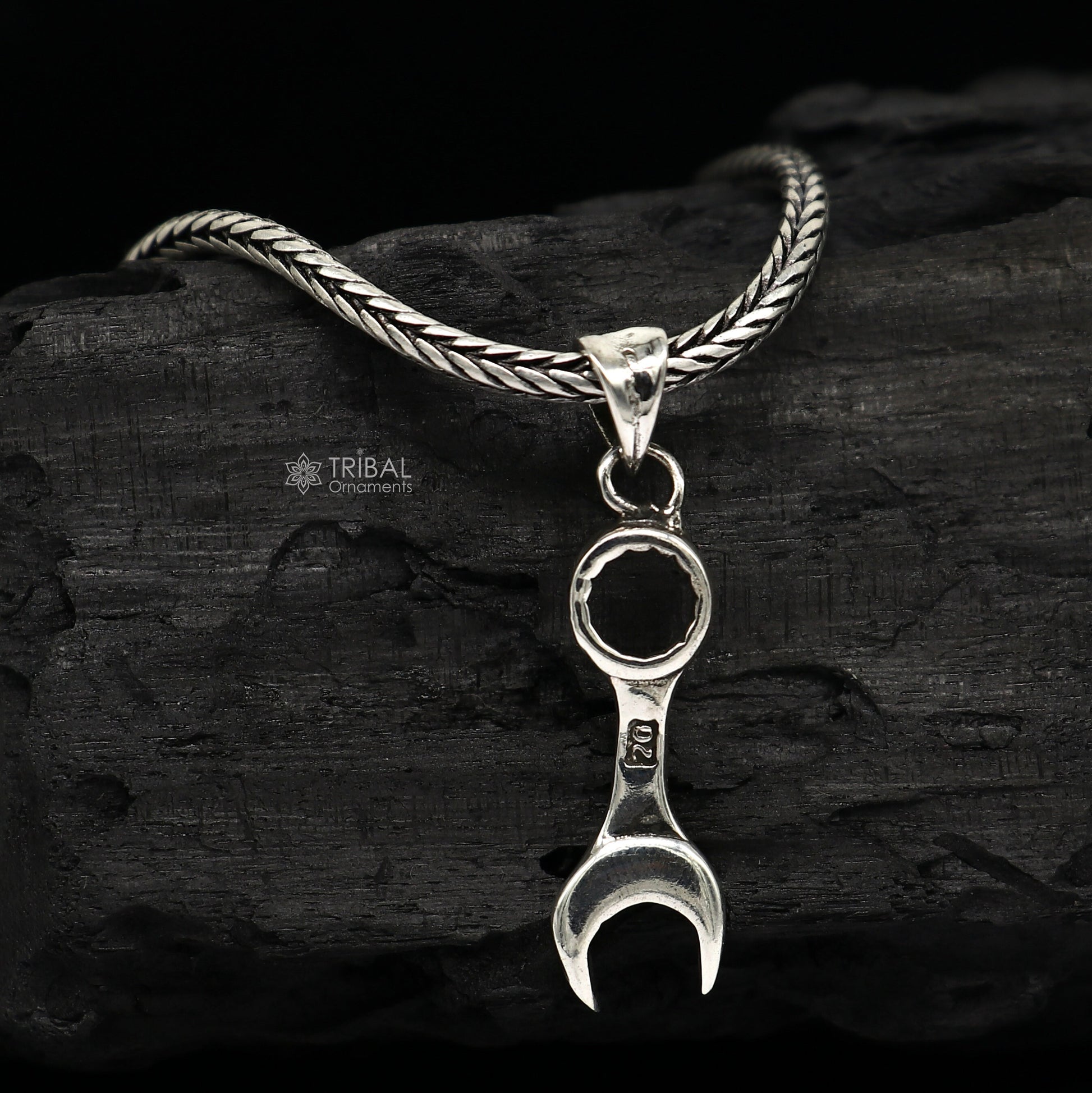 925 sterling silver spanner pendant on wheat chain necklace, tribal design, unique jewelry piece for gifting by TRIBAL ORNAMENTS