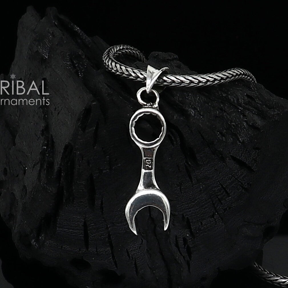 Sterling silver spanner pendant on wheat chain necklace, unique tribal design jewelry, ideal for gifting, by TRIBAL ORNAMENTS.