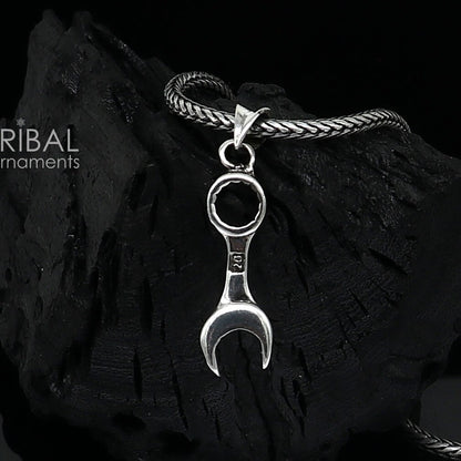 Sterling silver spanner pendant on wheat chain necklace, unique tribal design jewelry, ideal for gifting, by TRIBAL ORNAMENTS.