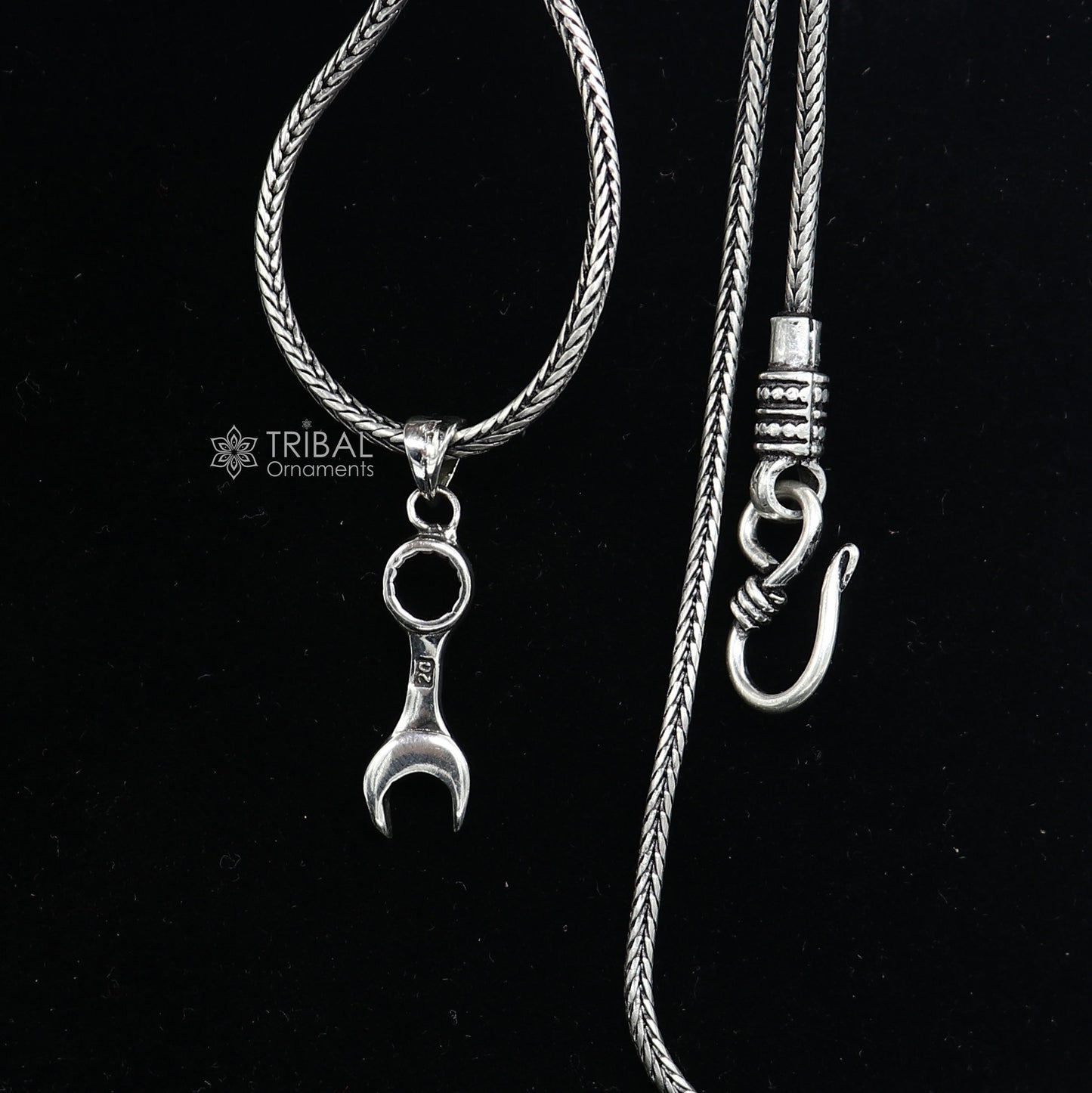 Sterling silver spanner pendant necklace with wheat chain, tribal-inspired jewelry, unique design, perfect for gifting.