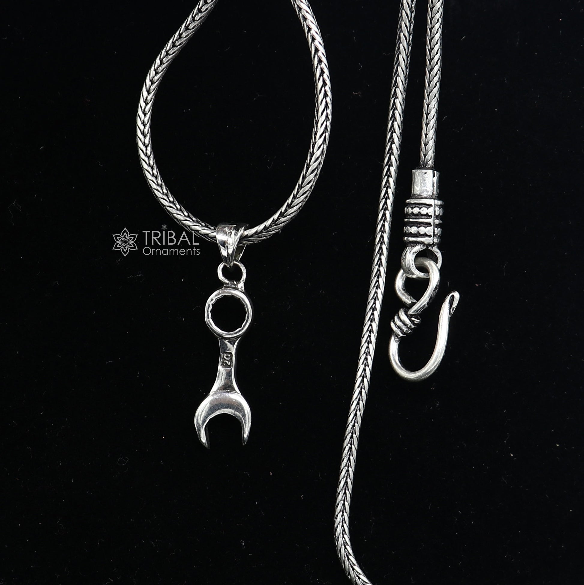 Sterling silver spanner pendant necklace with wheat chain, tribal-inspired jewelry, unique design, perfect for gifting.