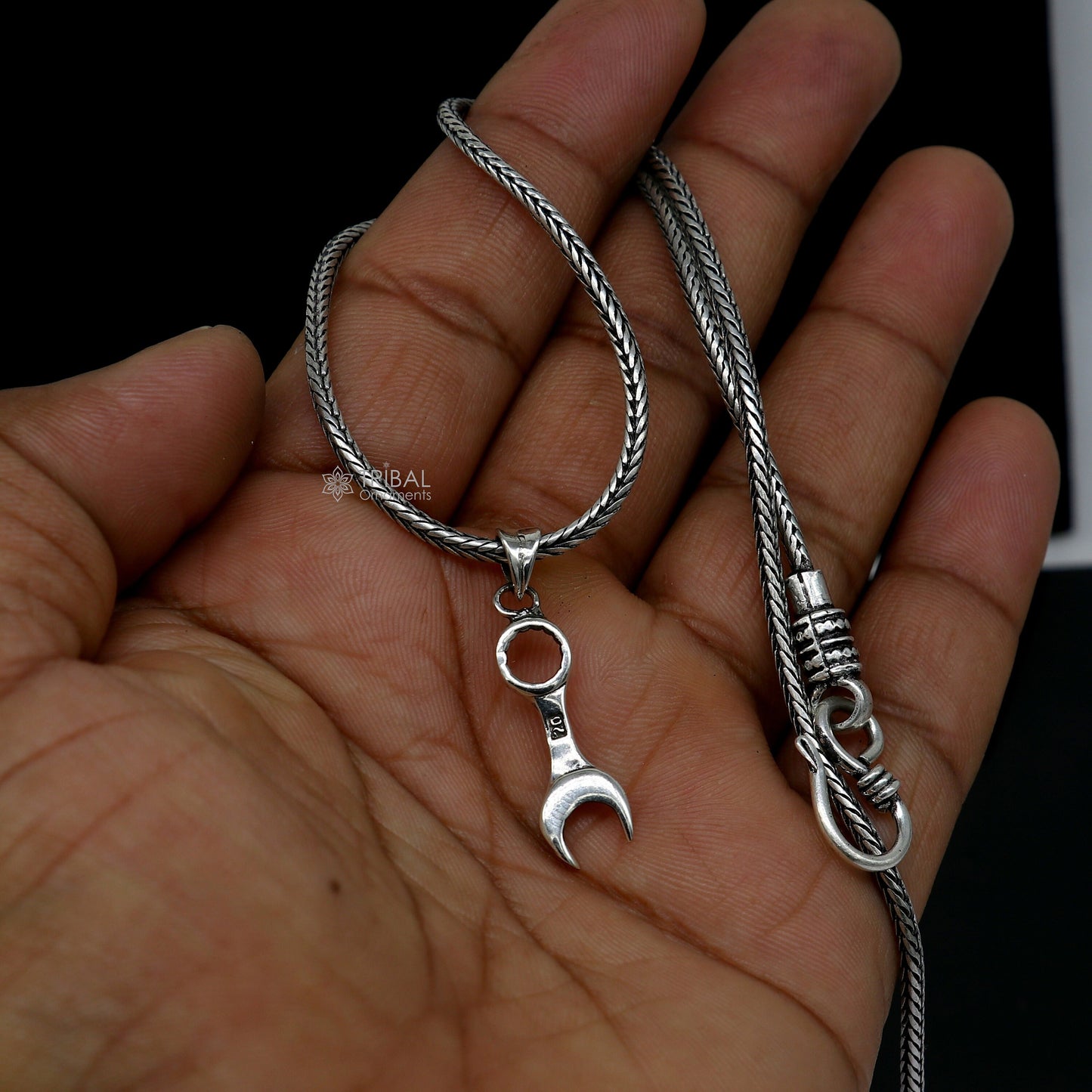 925 sterling silver spanner pendant on wheat chain necklace, unique tribal jewelry design, ideal for gifting