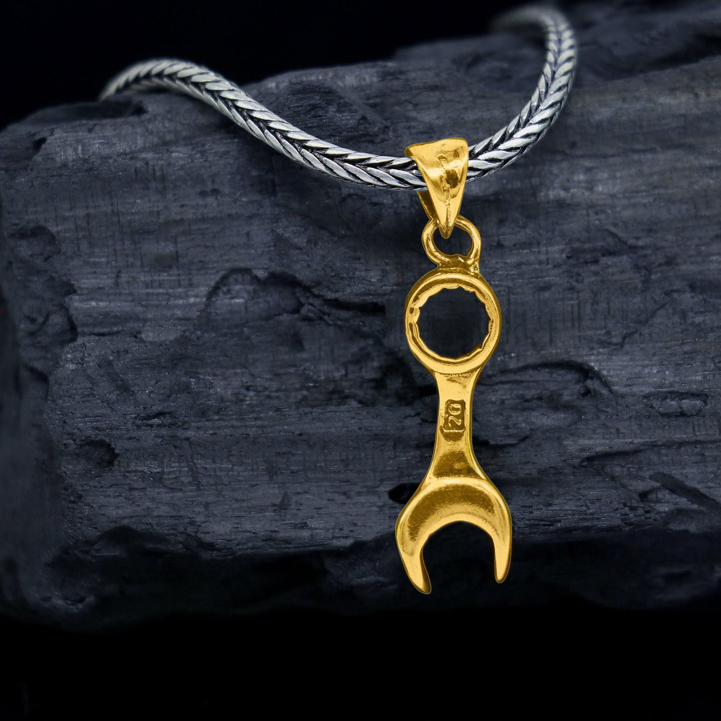 Sterling silver spanner pendant necklace with wheat chain, unique design by Tribal Ornaments, ideal for gifting jewelry.