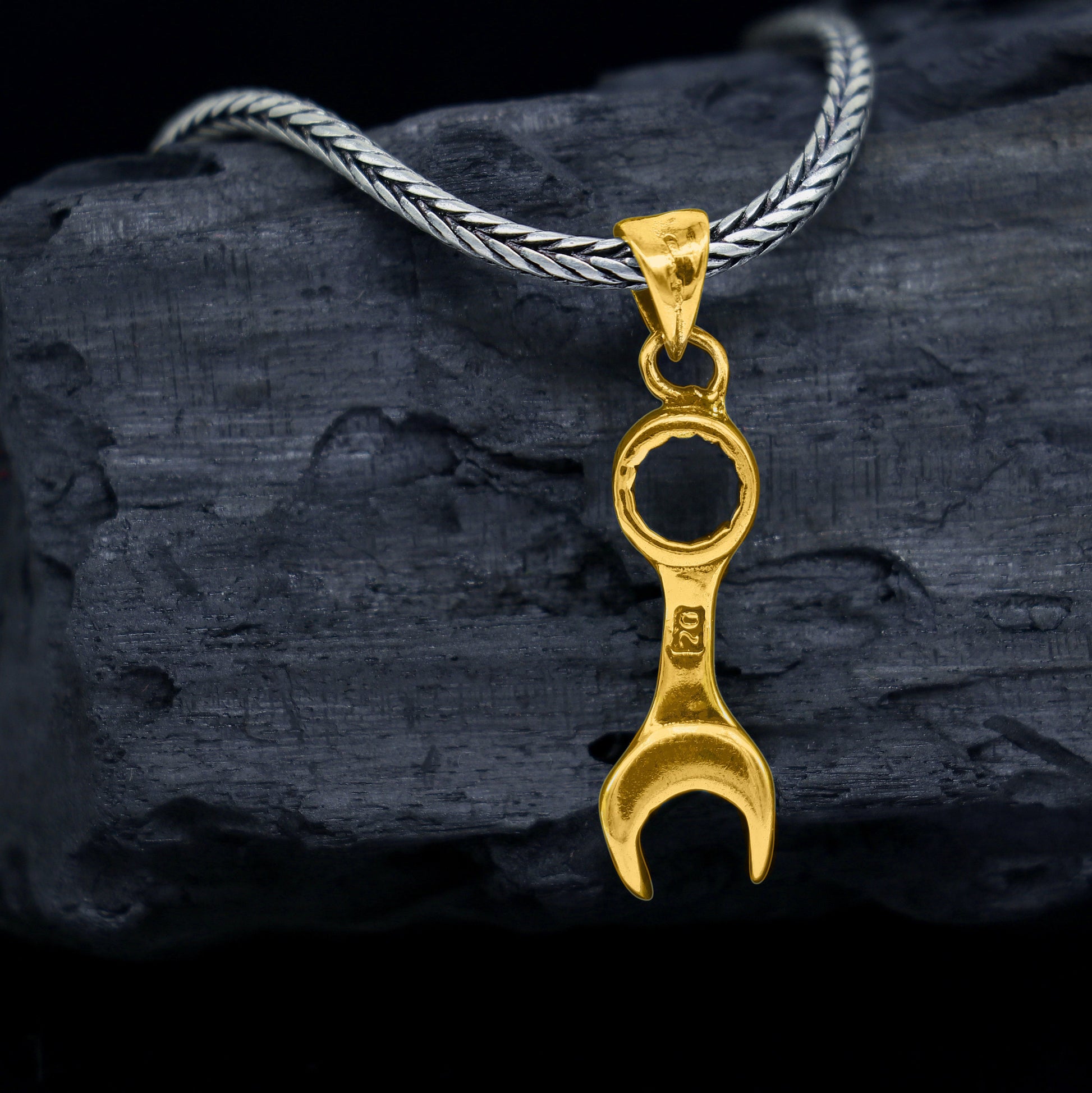 Sterling silver spanner pendant necklace with wheat chain, unique design by Tribal Ornaments, ideal for gifting jewelry.