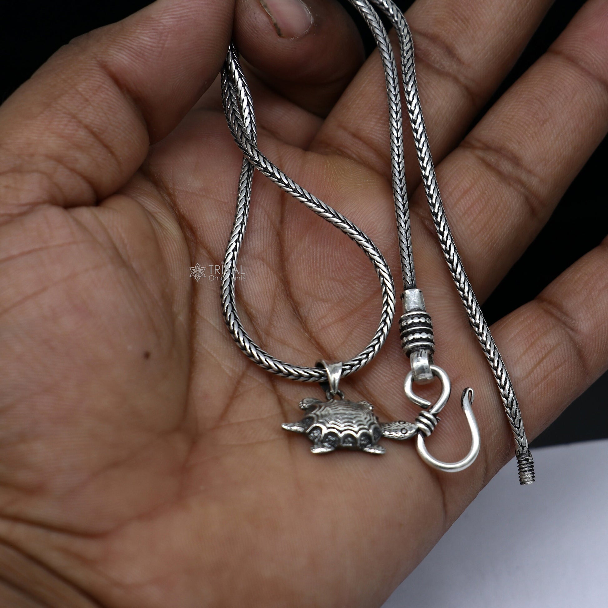 Sterling silver Tortoise pendant on a wheat chain necklace, unique design jewelry by TRIBAL ORNAMENTS.