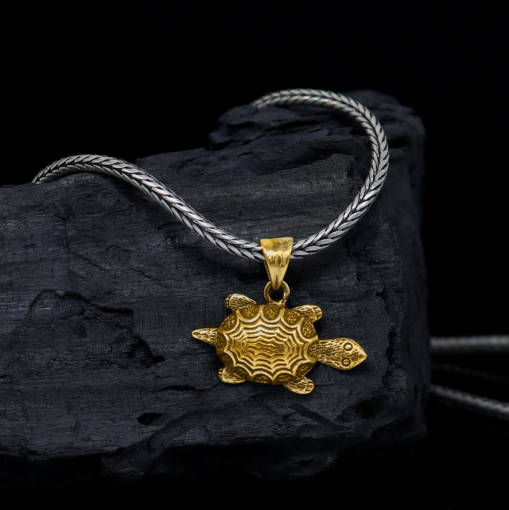 925 sterling silver Tortoise pendant necklace with wheat chain, tribal ornaments design, ideal for unique gifting jewelry.