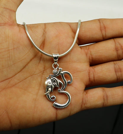 Sterling silver vintage Aum Ganesha pendant, handmade unisex jewelry, stylish tribal ornament, personalized jewelry design.