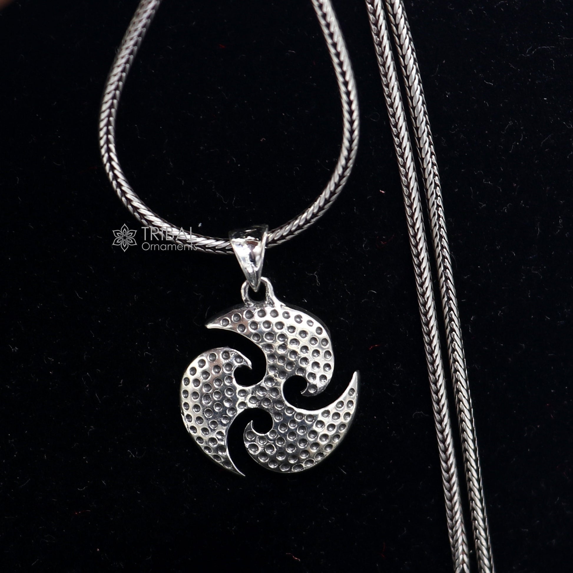 925 sterling silver Ninza design Triskelion pendant for boys and girls, handmade tribal ornament with intricate silver craftsmanship.