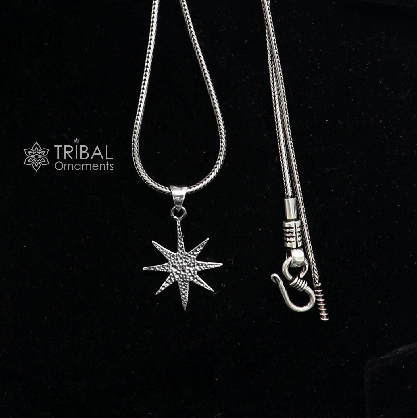 Sterling silver star pendant for boys and girls by Tribal Ornaments, handmade with intricate design, small and stylish jewelry piece.