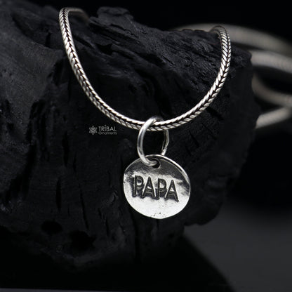 Round shiny 925 sterling silver father/PAPA pendant by TRIBAL ORNAMENTS, unisex design, ideal for father lover gifting.
