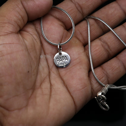 Shiny round 925 sterling silver father/papa pendant by Tribal Ornaments, unisex design perfect for gifting to a father or father figure.