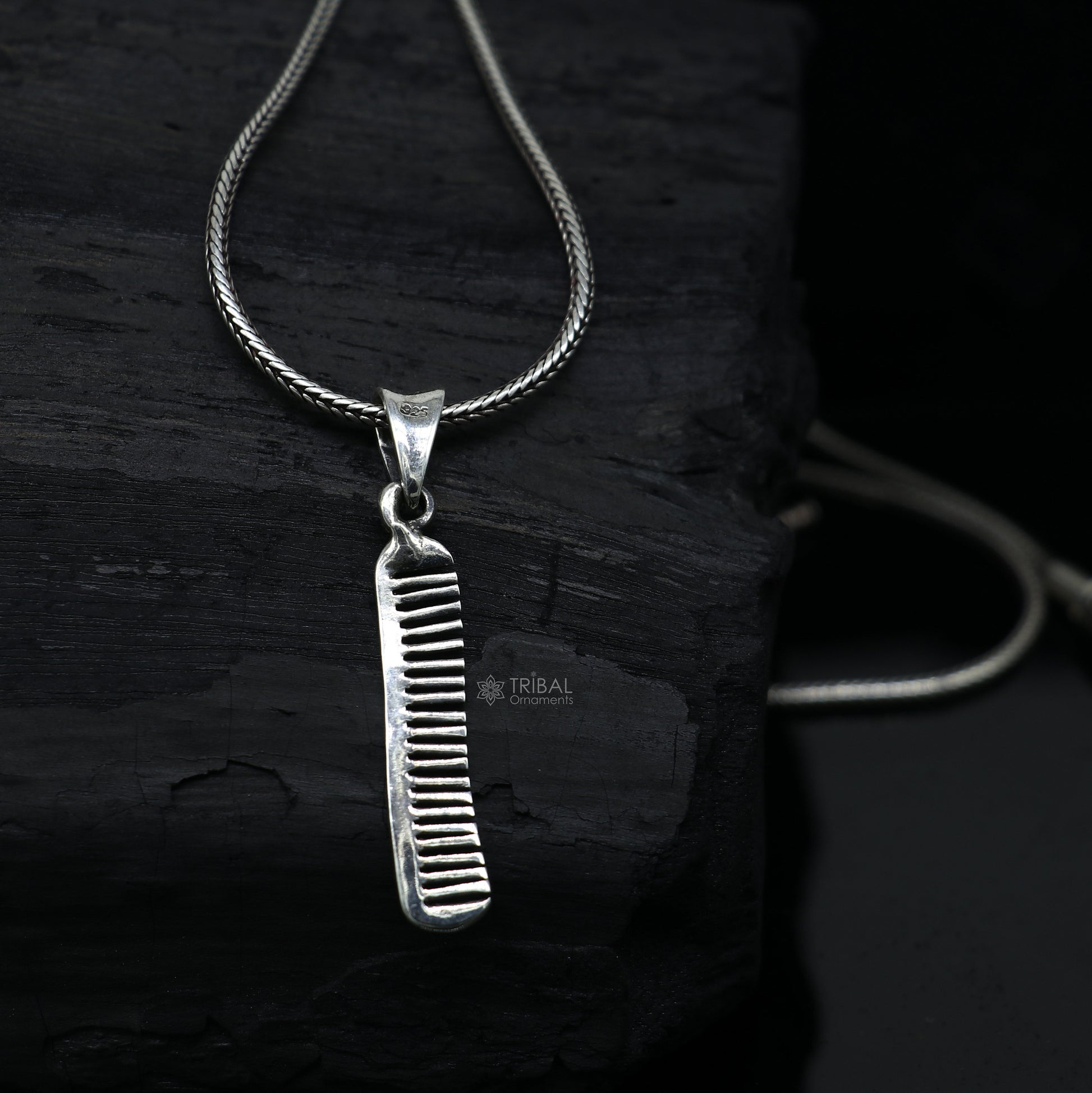 Sterling silver hair comb pendant necklace by TRIBAL ORNAMENTS, featuring unique, stylish Indian-inspired customized jewelry design.