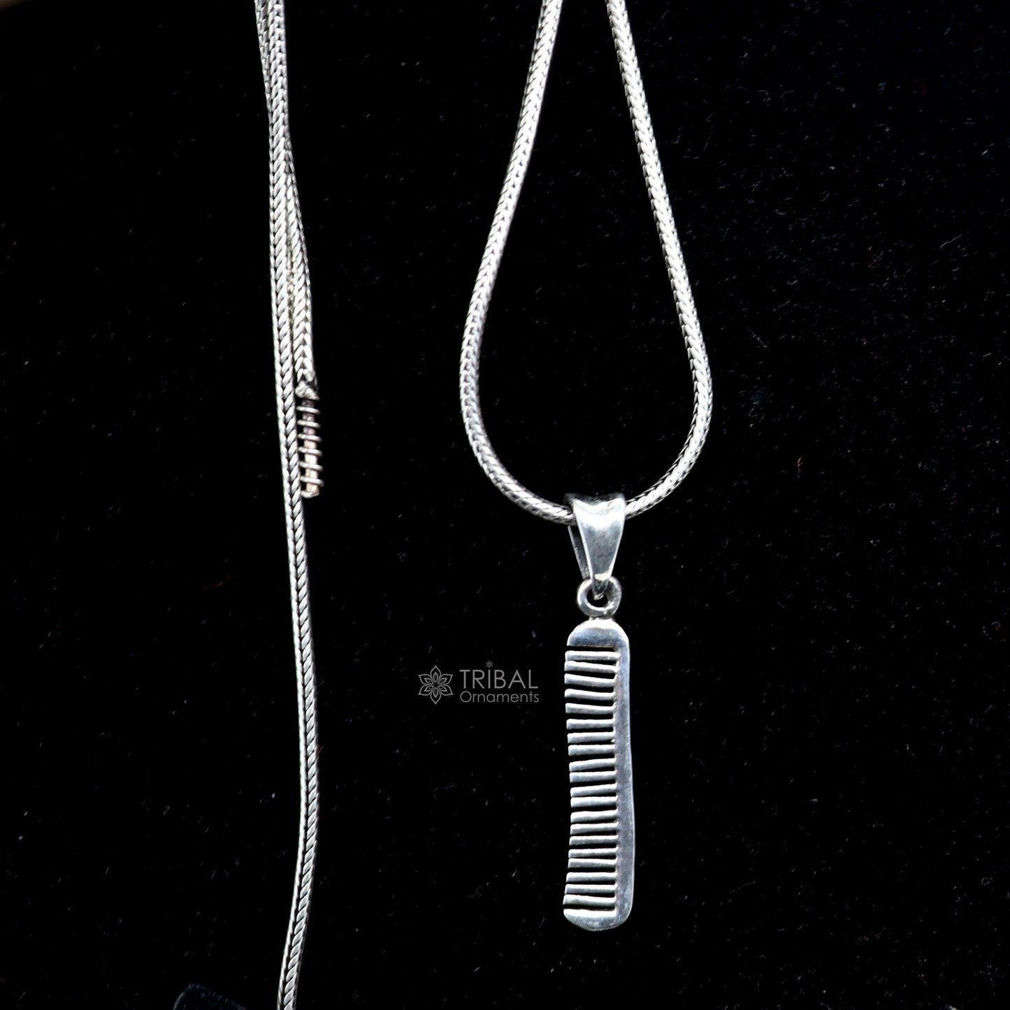 Unique tribal hair comb pendant necklace in 925 sterling silver with stylish customized jewelry design from India.