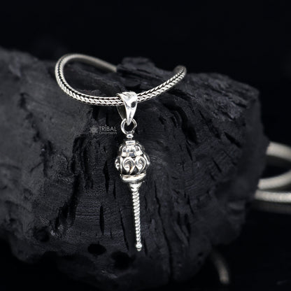 Sterling silver Lord Hanuman mace pendant for unisex jewelry, featuring intricate tribal design and detailed craftsmanship.