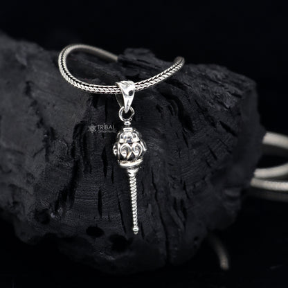 Sterling silver Lord Hanuman mace pendant, unisex tribal jewelry, detailed design, perfect for gifting or everyday wear.
