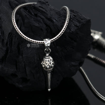 Sterling silver Lord Hanuman mace pendant, unisex design, detailed tribal ornament style for spiritual jewelry or gifting.