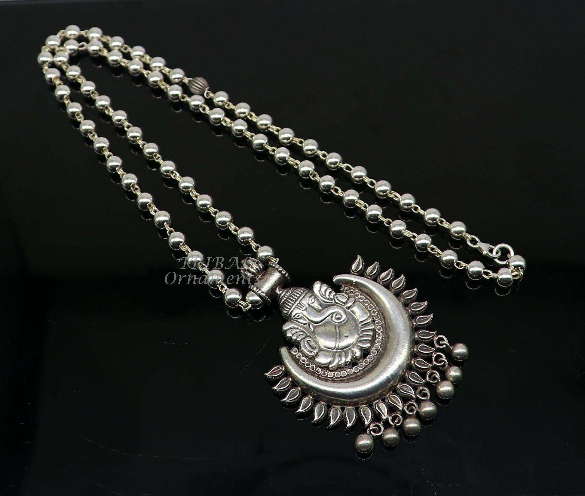 Vintage Indian traditional cultural style trendy 925 sterling silver plain 6mm beaded customized Ganesha long necklace tribal jewelry set545 - TRIBAL ORNAMENTS
