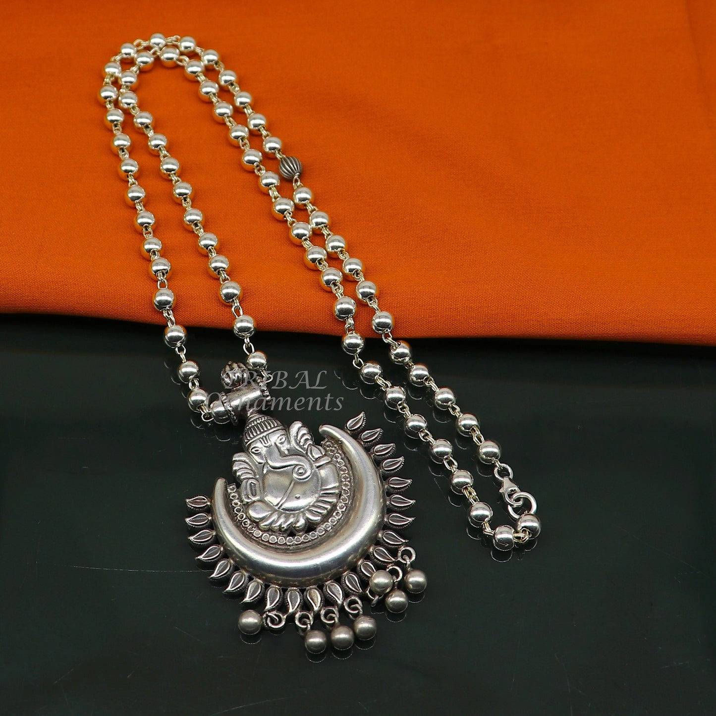 Vintage Indian traditional cultural style trendy 925 sterling silver plain 6mm beaded customized Ganesha long necklace tribal jewelry set545 - TRIBAL ORNAMENTS