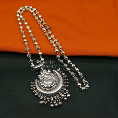 Vintage Indian tribal jewelry set featuring a 925 sterling silver Ganesha pendant and beaded long necklace.