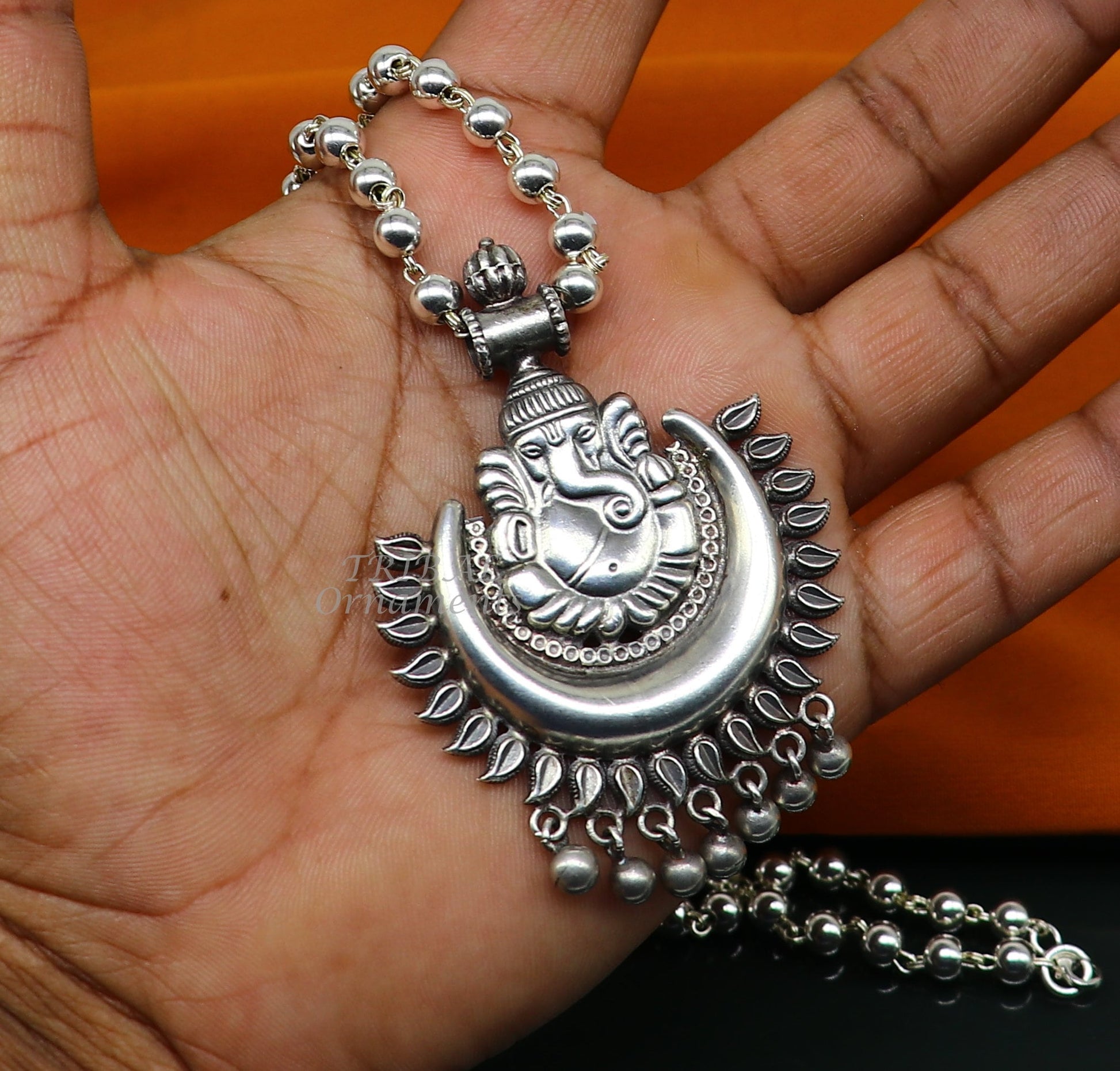 Vintage Indian traditional cultural style trendy 925 sterling silver plain 6mm beaded customized Ganesha long necklace tribal jewelry set545 - TRIBAL ORNAMENTS