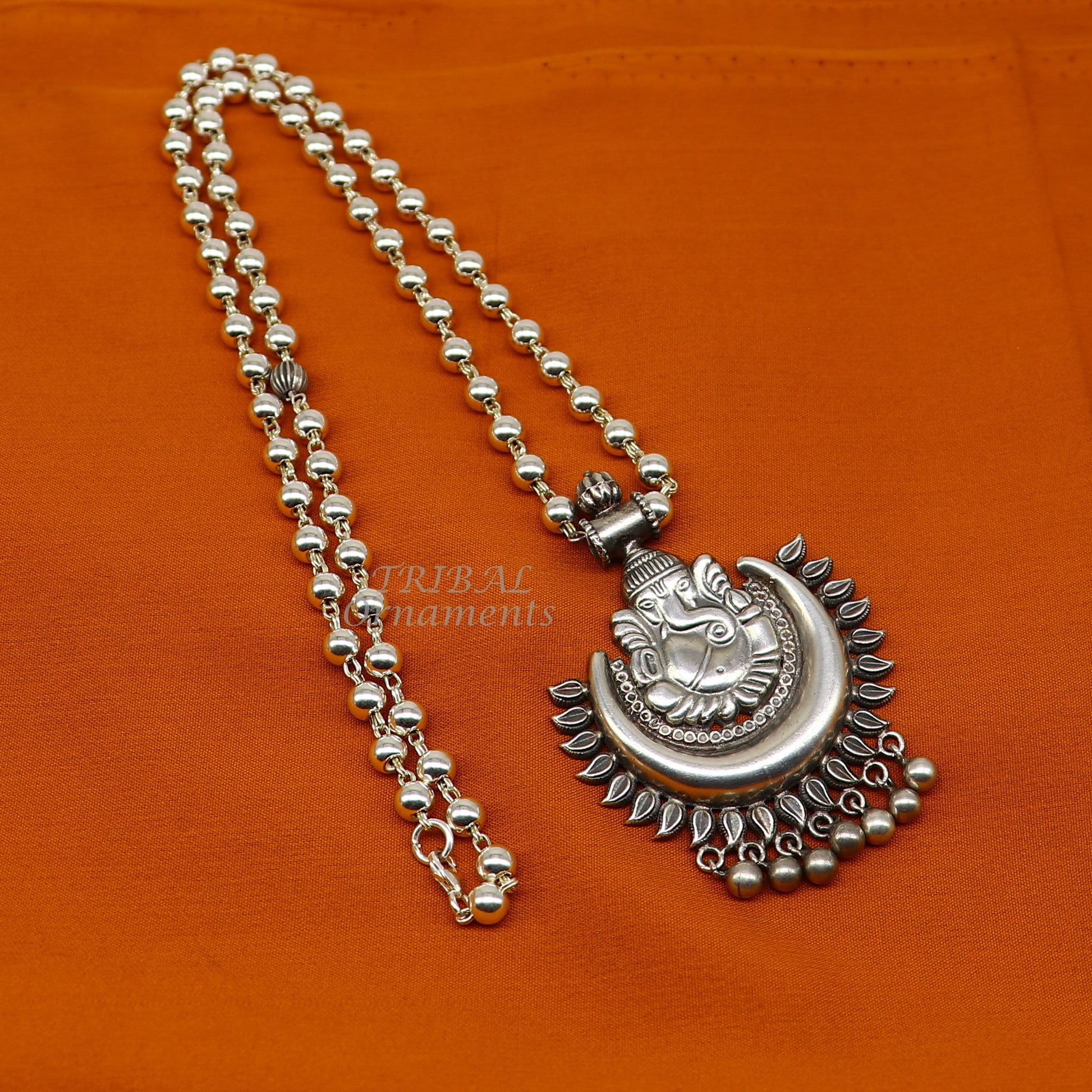 Vintage Indian traditional cultural style trendy 925 sterling silver plain 6mm beaded customized Ganesha long necklace tribal jewelry set545 - TRIBAL ORNAMENTS