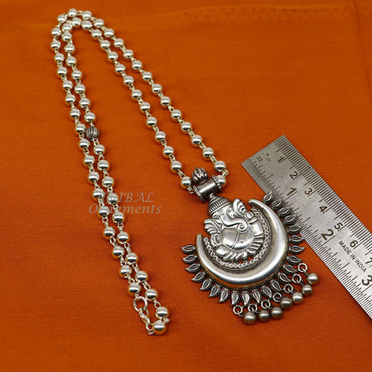 Vintage Indian Ganesha long necklace with 6mm beaded sterling silver chain, tribal jewelry set featuring traditional cultural style.