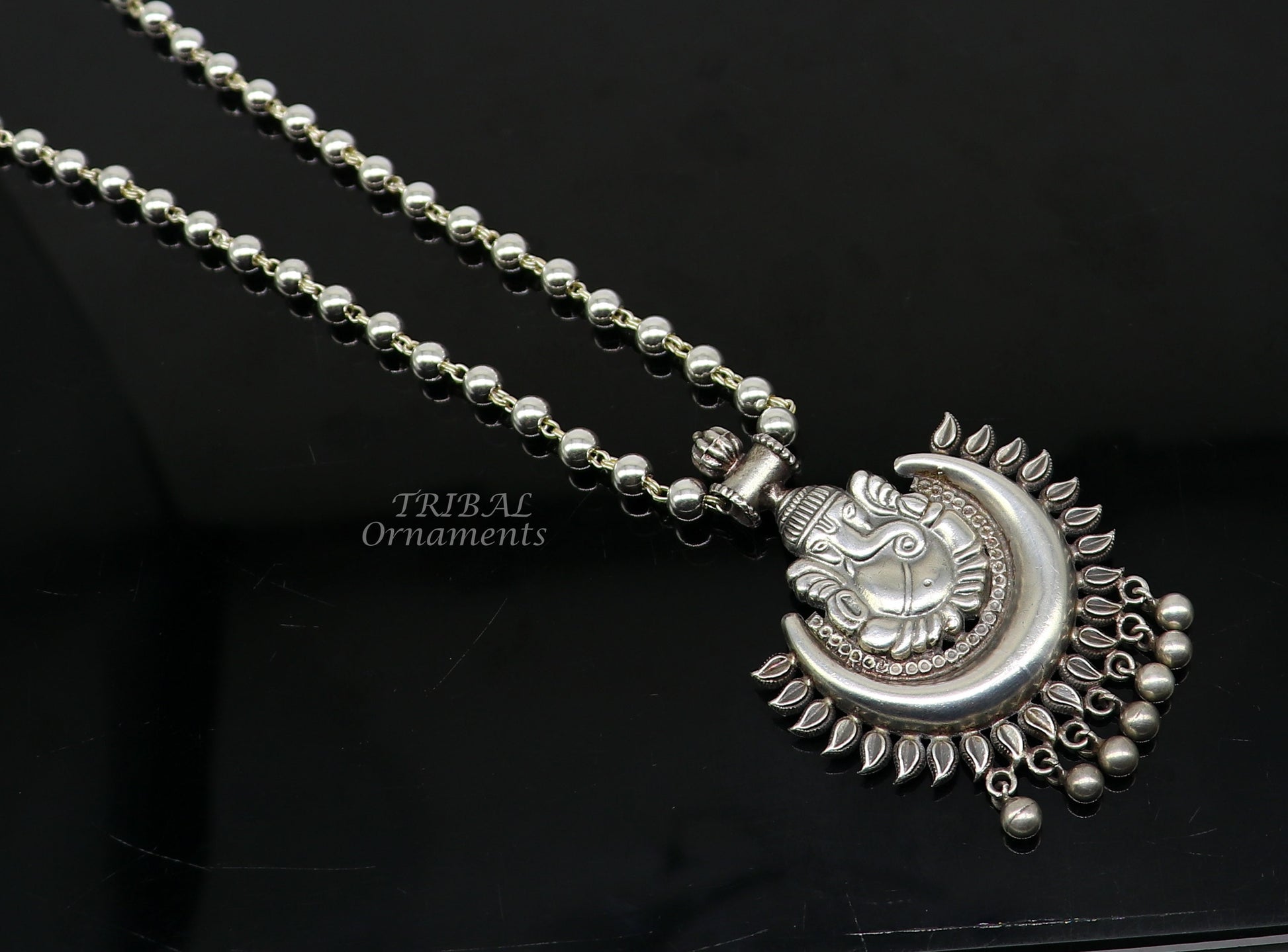 Vintage Indian traditional cultural style trendy 925 sterling silver plain 6mm beaded customized Ganesha long necklace tribal jewelry set545 - TRIBAL ORNAMENTS