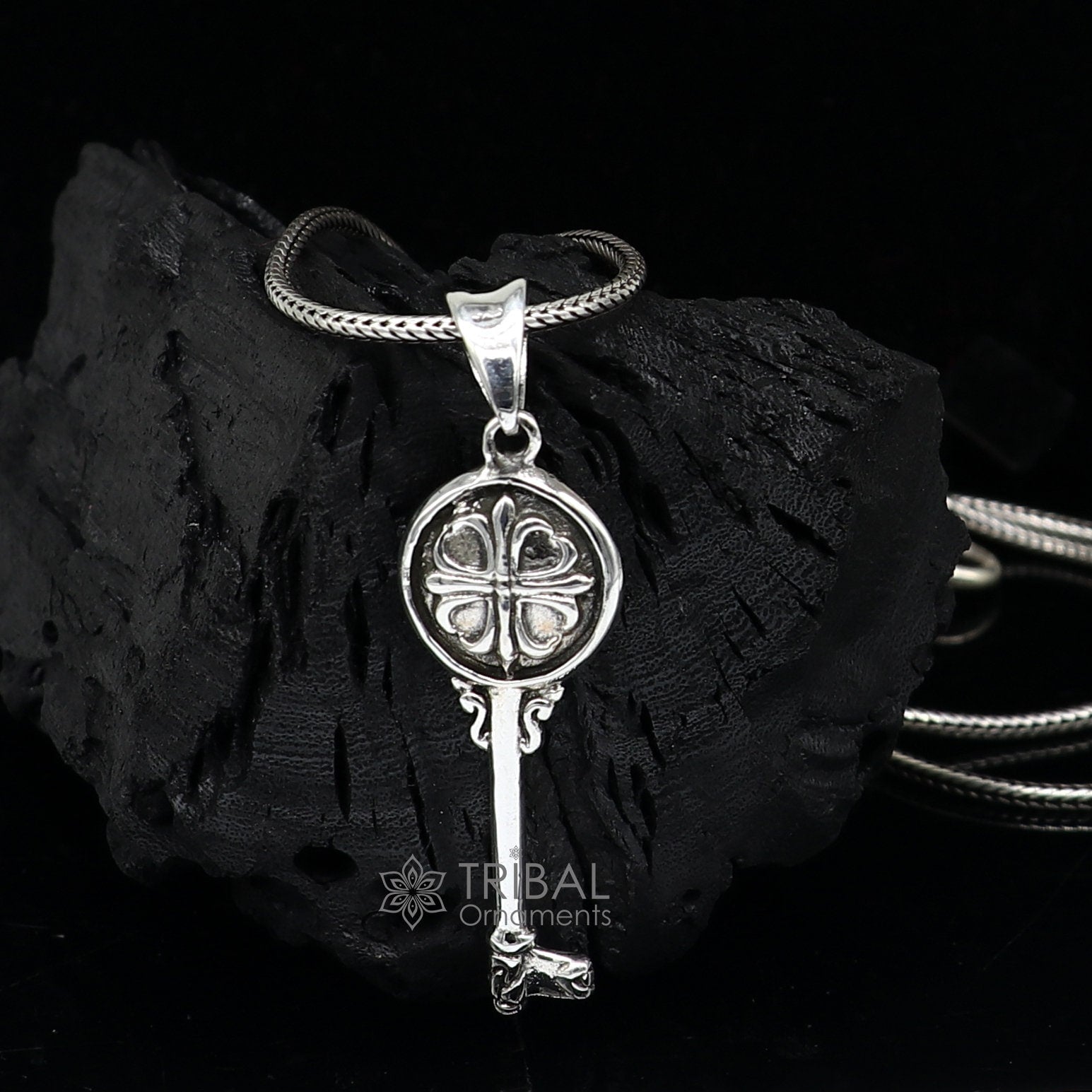 Vintage style key pendant necklace in 925 sterling silver featuring customized design from Tribal Ornaments India.