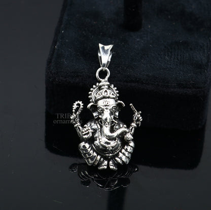 Unisex 925 sterling silver Lord Ganesha pendant, handmade tribal jewelry with intricate design, personalized unisex pendant by TRIBAL ORNAMENTS.