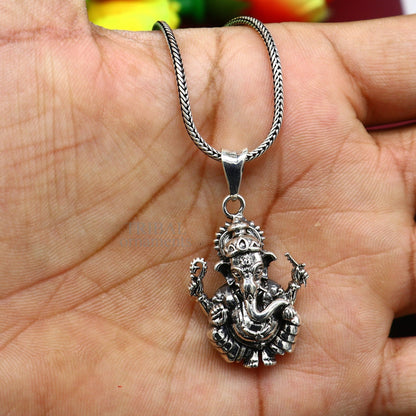Unisex 925 sterling silver Lord Ganesha pendant with intricate tribal design, handmade jewelry, personalized style, tribal ornaments.