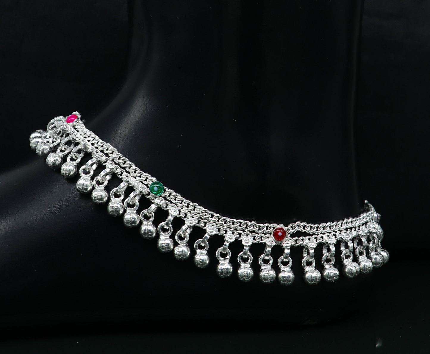 10.5" long handmade sterling silver gorgeous ankle bracelet, wonderful noisy hanging bells charm anklets girls women's belly dance ank338 - TRIBAL ORNAMENTS