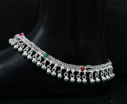 Handmade sterling silver ankle bracelet with hanging bells and charms, perfect for girls and women’s belly dance accessories.