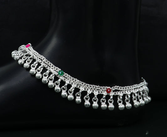 10.5" long handmade sterling silver gorgeous ankle bracelet, wonderful noisy hanging bells charm anklets girls women's belly dance ank338 - TRIBAL ORNAMENTS