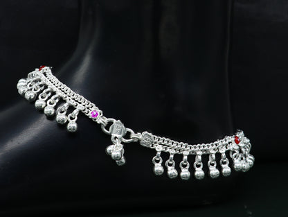 Handmade sterling silver ankle bracelet with hanging bells, perfect for girls and women’s belly dance, by Tribal Ornaments.