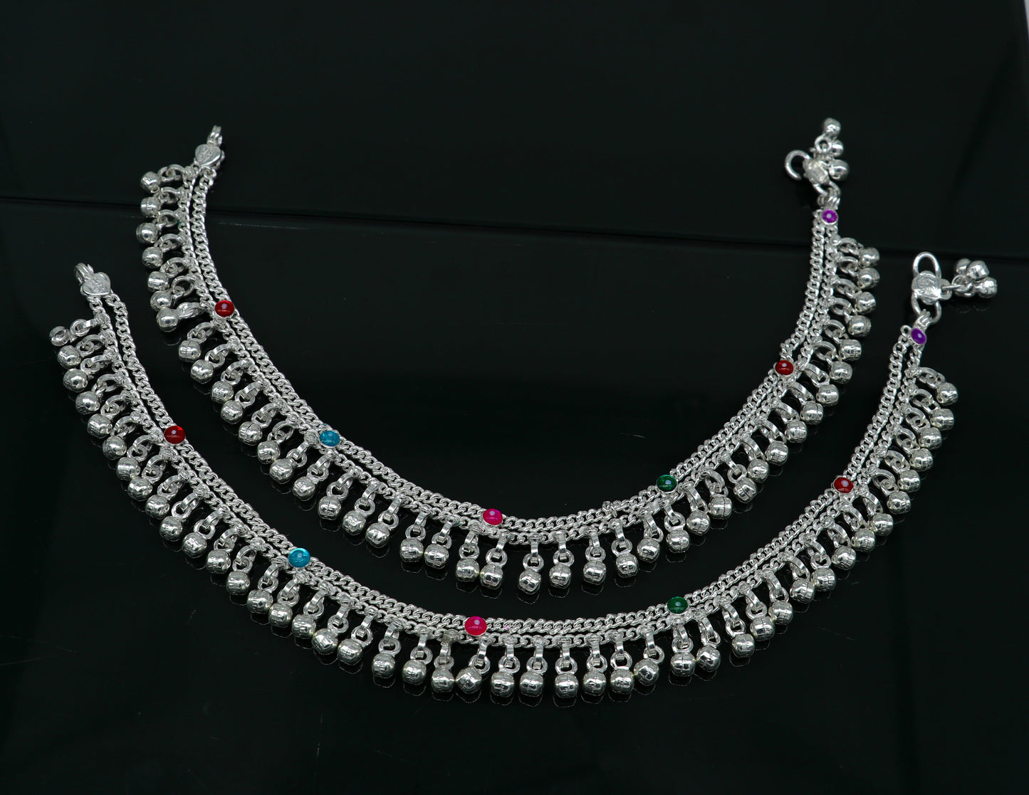 10.5" long handmade sterling silver gorgeous ankle bracelet, wonderful noisy hanging bells charm anklets girls women's belly dance ank338 - TRIBAL ORNAMENTS